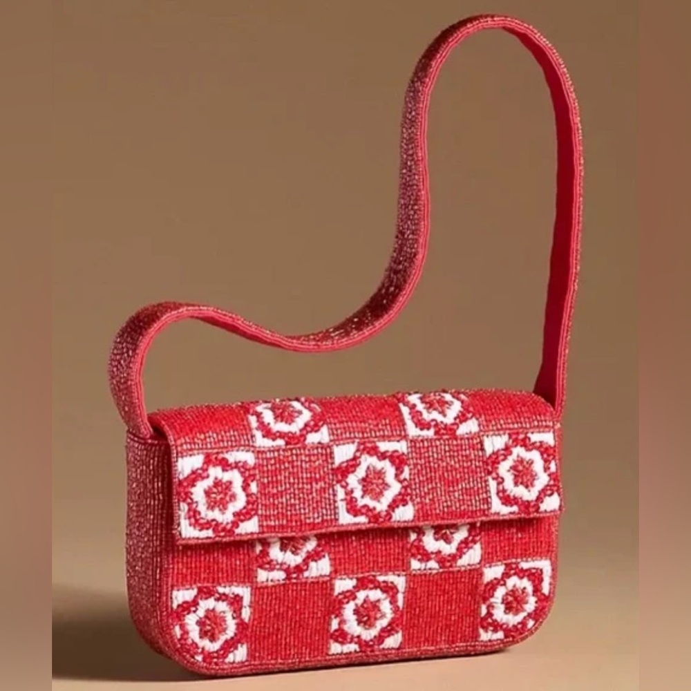 Anthropologie Red and White Beaded Shoulder Bag